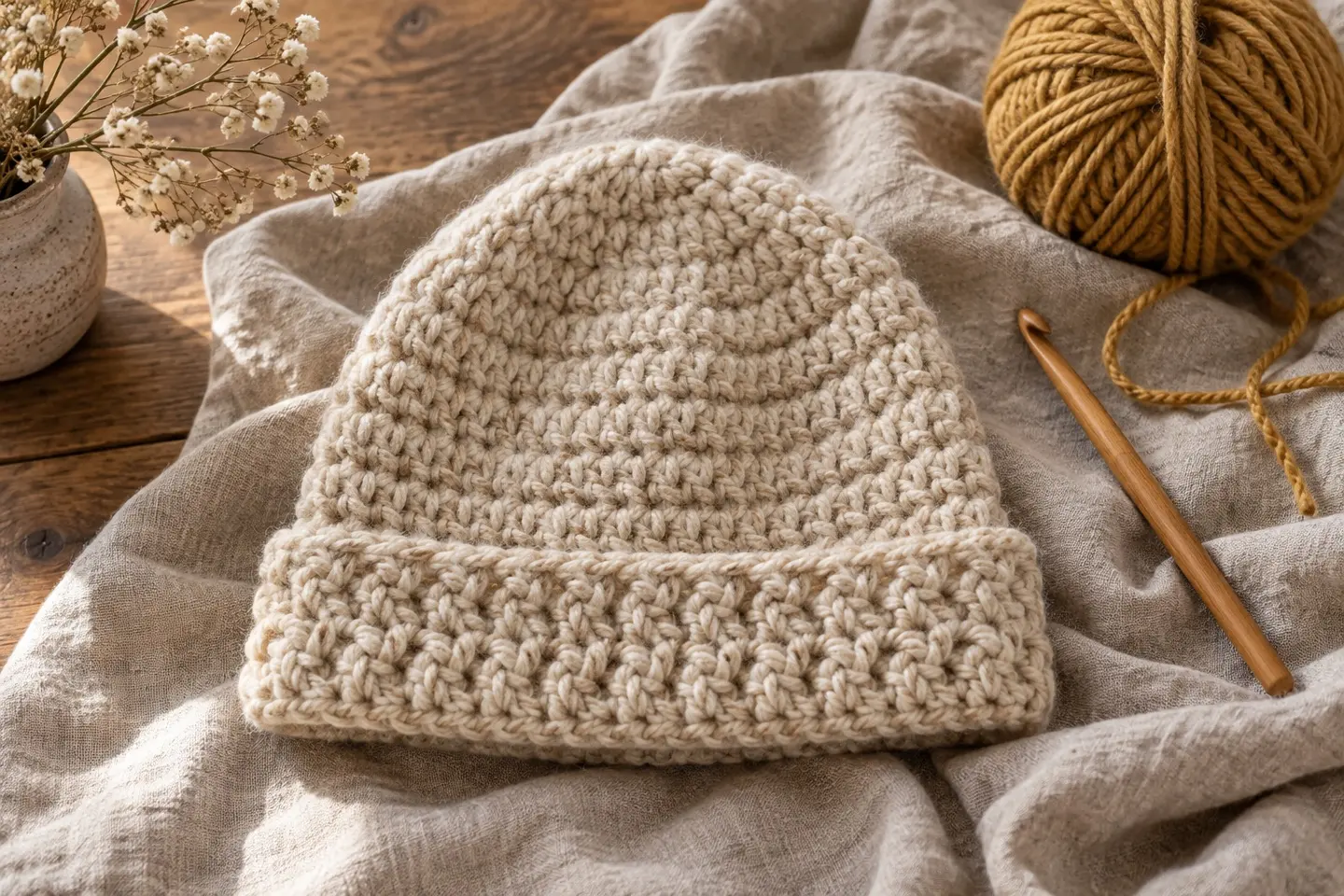 An oatmeal crochet hat with a folded brim beside ochre yarn