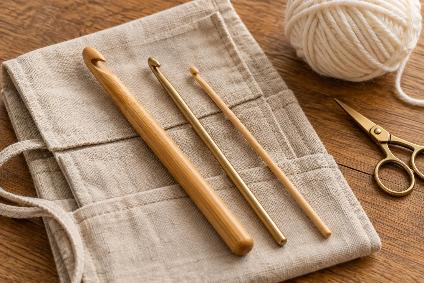 Bamboo and brass crochet hooks on a linen tool roll