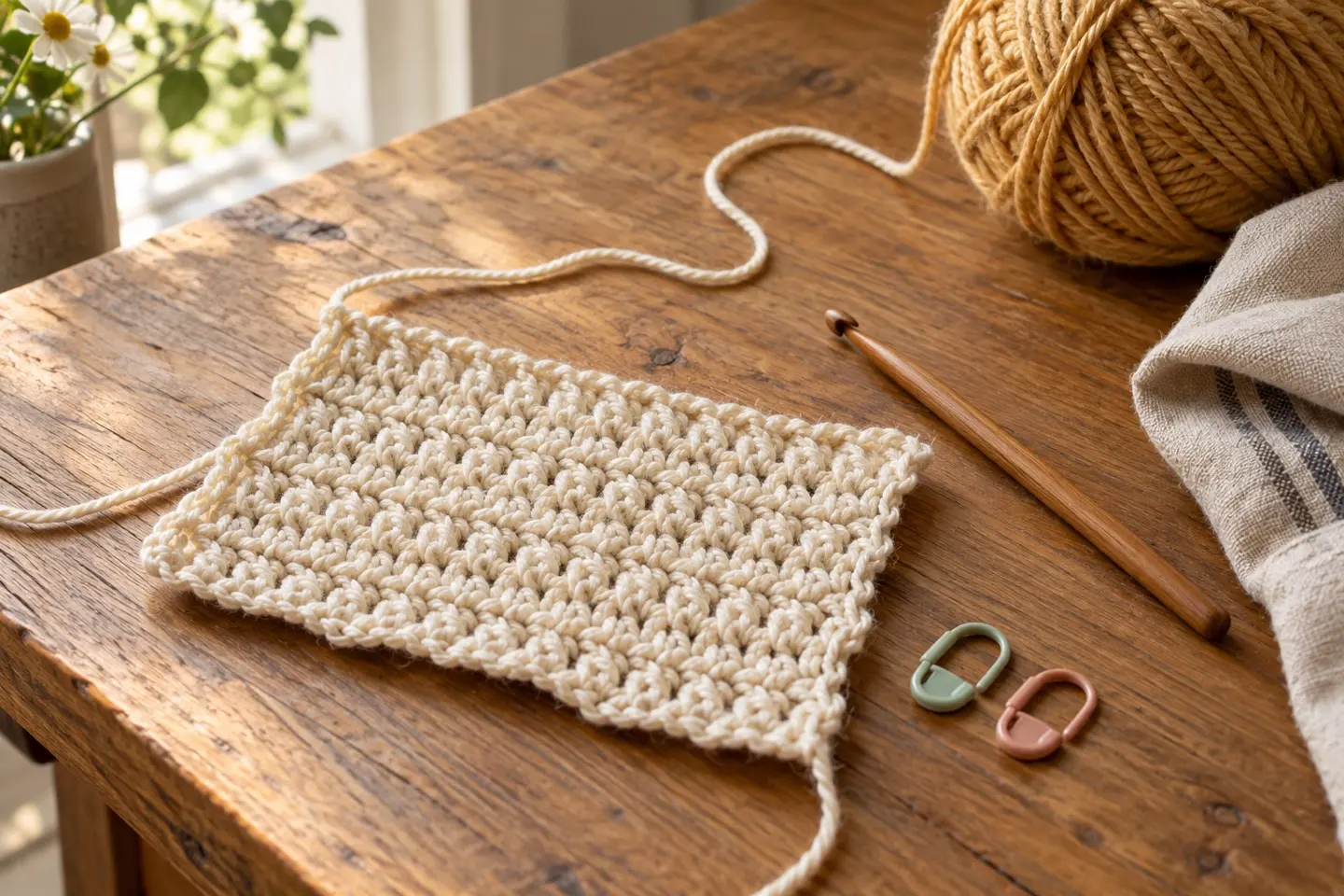 A cream crochet practice swatch beside a wooden hook and stitch markers