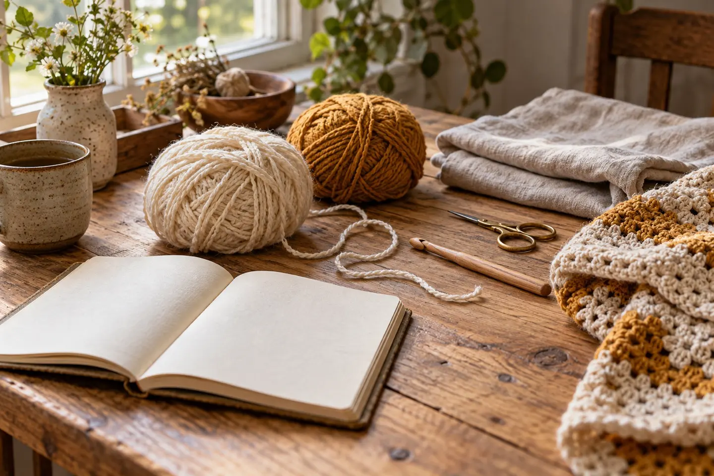 Yarn, a blank notebook and crochet tools on a sunlit wooden worktable