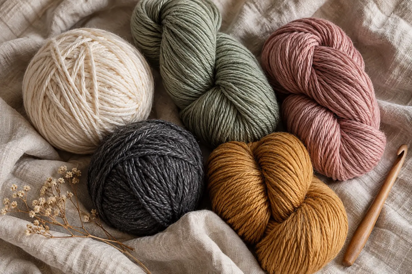 Cream, sage, rose, charcoal and ochre yarn arranged on natural linen